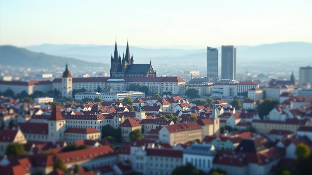 Letecký pohled na Prahu s viditelným hospodářským centrem a biznisovými budovami