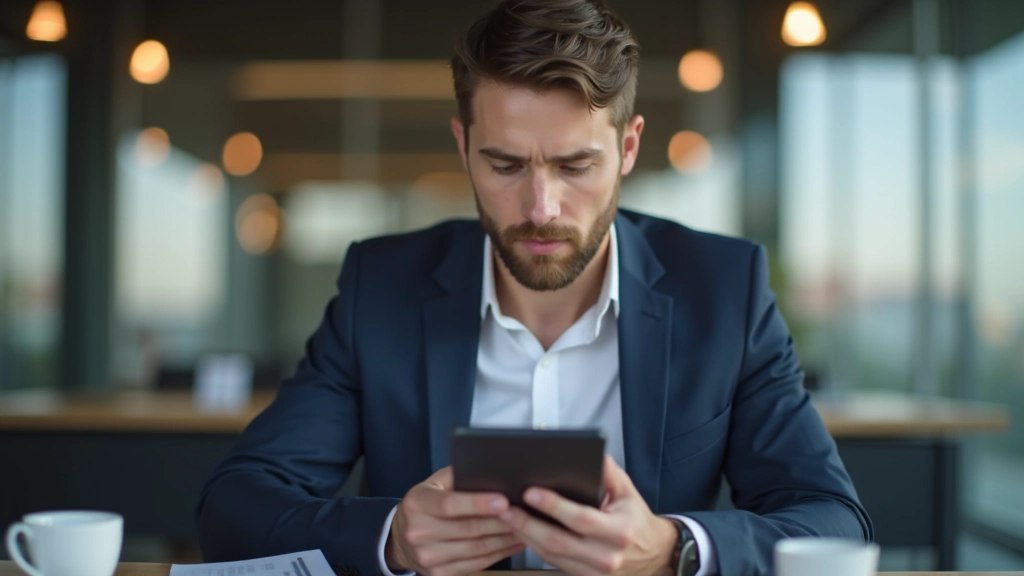 Muž v obchodním oblečení čte nabídky volných pracovních míst na tabletu v kanceláři