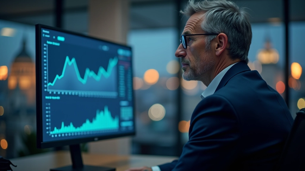 Osoba u velkého monitoru se schematem budoucího vývoje trhu práce, strategické plánování