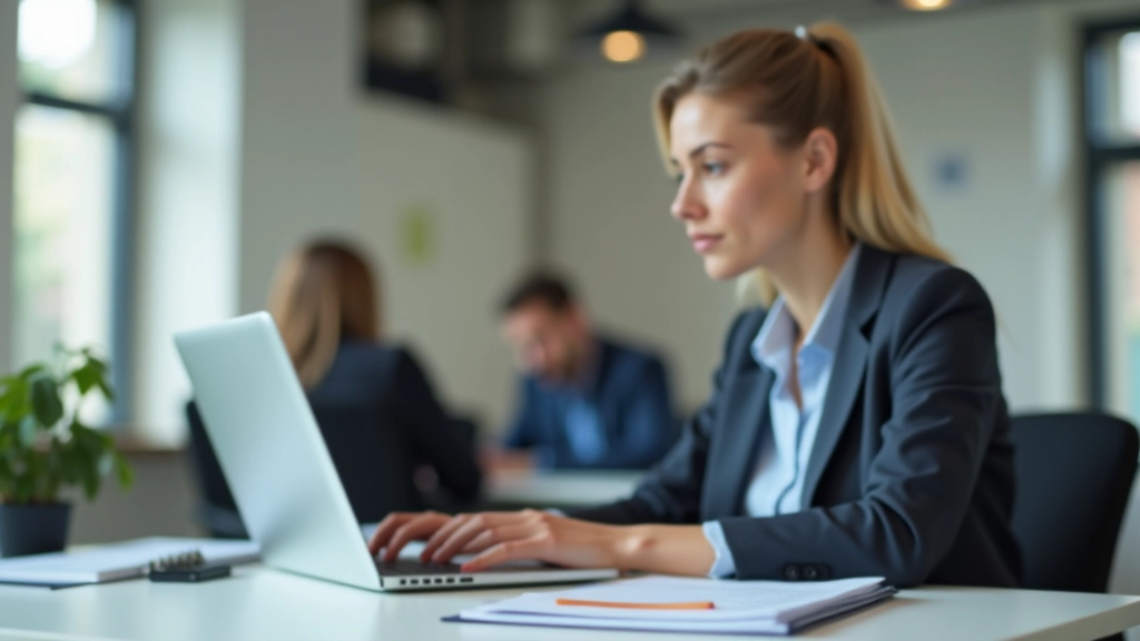 Profesionální fotografie ženy s notebookem v kanceláři, analýza dat na displeji, pracovní prostředí